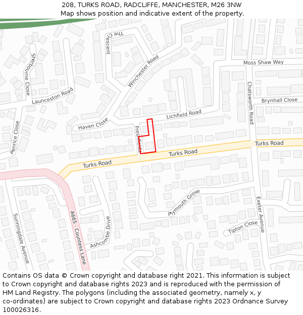 208, TURKS ROAD, RADCLIFFE, MANCHESTER, M26 3NW: Location map and indicative extent of plot