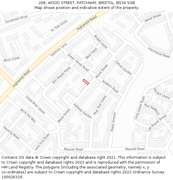 208, WOOD STREET, PATCHWAY, BRISTOL, BS34 5GB: Location map and indicative extent of plot