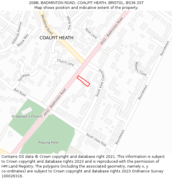 208B, BADMINTON ROAD, COALPIT HEATH, BRISTOL, BS36 2ST: Location map and indicative extent of plot