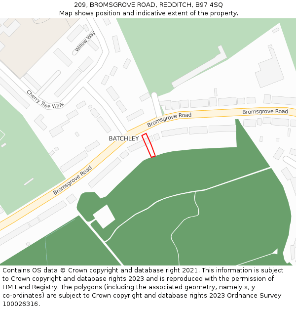 209, BROMSGROVE ROAD, REDDITCH, B97 4SQ: Location map and indicative extent of plot