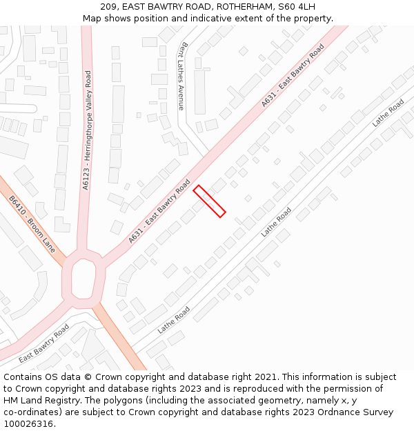 209, EAST BAWTRY ROAD, ROTHERHAM, S60 4LH: Location map and indicative extent of plot