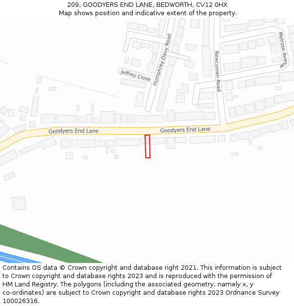 209, GOODYERS END LANE, BEDWORTH, CV12 0HX: Location map and indicative extent of plot