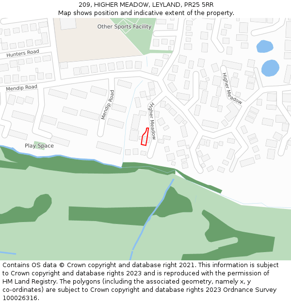 209, HIGHER MEADOW, LEYLAND, PR25 5RR: Location map and indicative extent of plot