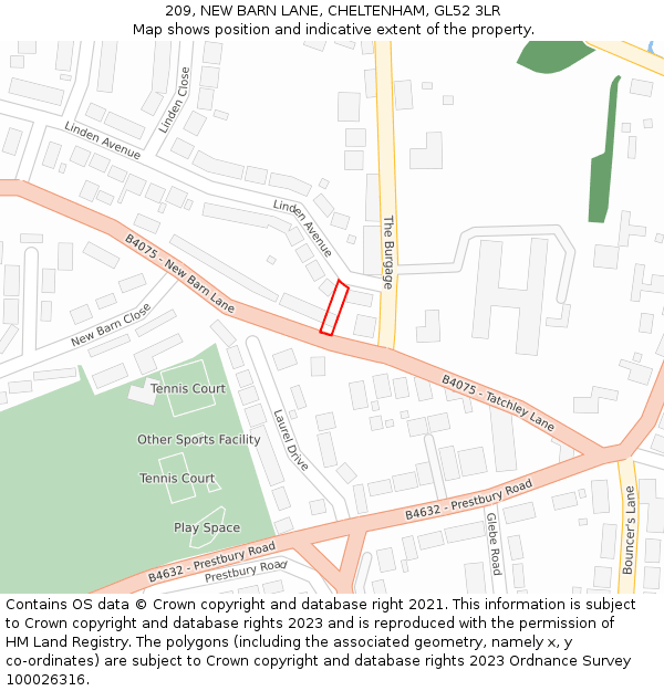 209, NEW BARN LANE, CHELTENHAM, GL52 3LR: Location map and indicative extent of plot