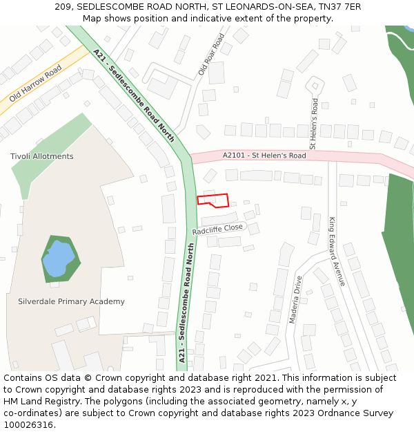 209, SEDLESCOMBE ROAD NORTH, ST LEONARDS-ON-SEA, TN37 7ER: Location map and indicative extent of plot