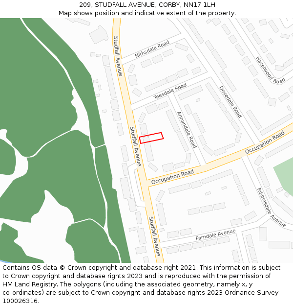 209, STUDFALL AVENUE, CORBY, NN17 1LH: Location map and indicative extent of plot