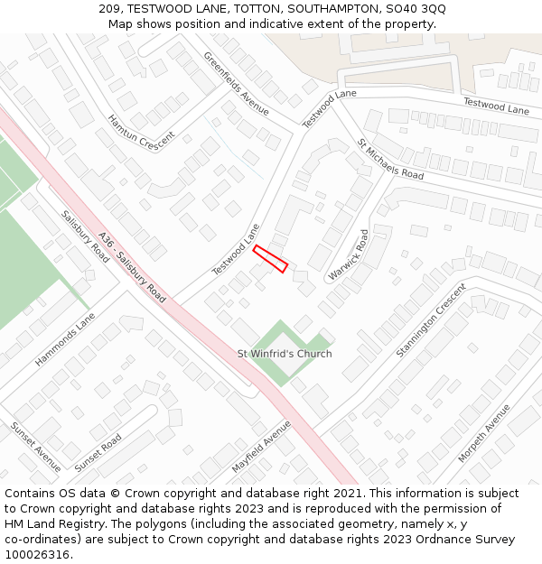 209, TESTWOOD LANE, TOTTON, SOUTHAMPTON, SO40 3QQ: Location map and indicative extent of plot