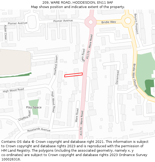 209, WARE ROAD, HODDESDON, EN11 9AF: Location map and indicative extent of plot