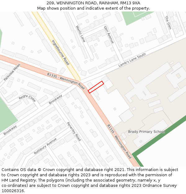 209, WENNINGTON ROAD, RAINHAM, RM13 9XA: Location map and indicative extent of plot