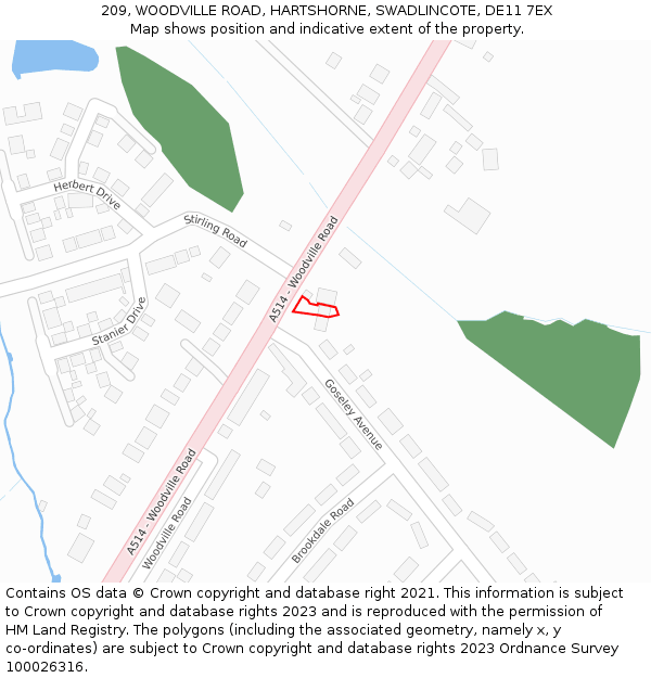 209, WOODVILLE ROAD, HARTSHORNE, SWADLINCOTE, DE11 7EX: Location map and indicative extent of plot