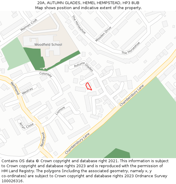 20A, AUTUMN GLADES, HEMEL HEMPSTEAD, HP3 8UB: Location map and indicative extent of plot