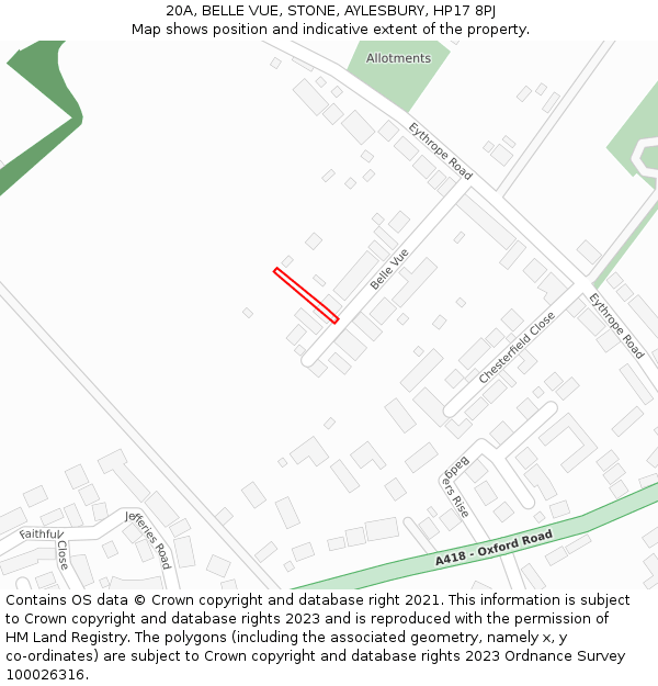20A, BELLE VUE, STONE, AYLESBURY, HP17 8PJ: Location map and indicative extent of plot