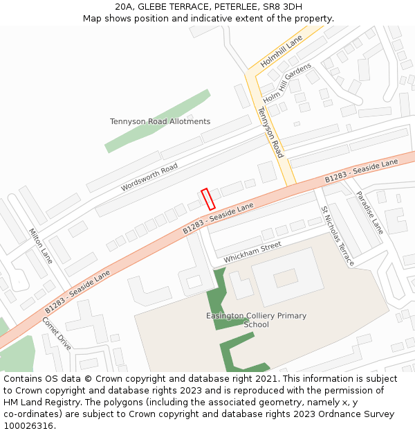 20A, GLEBE TERRACE, PETERLEE, SR8 3DH: Location map and indicative extent of plot