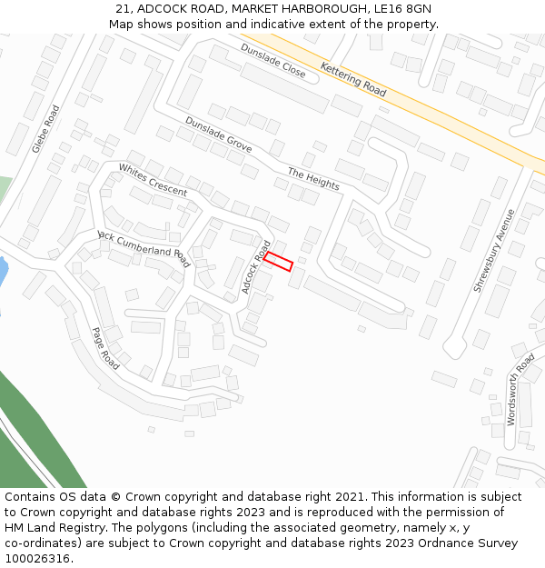 21, ADCOCK ROAD, MARKET HARBOROUGH, LE16 8GN: Location map and indicative extent of plot