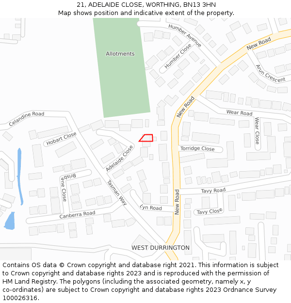 21, ADELAIDE CLOSE, WORTHING, BN13 3HN: Location map and indicative extent of plot