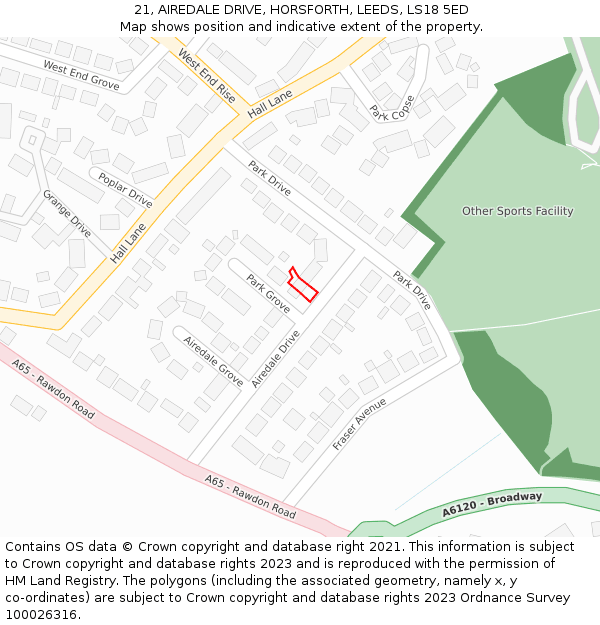 21, AIREDALE DRIVE, HORSFORTH, LEEDS, LS18 5ED: Location map and indicative extent of plot