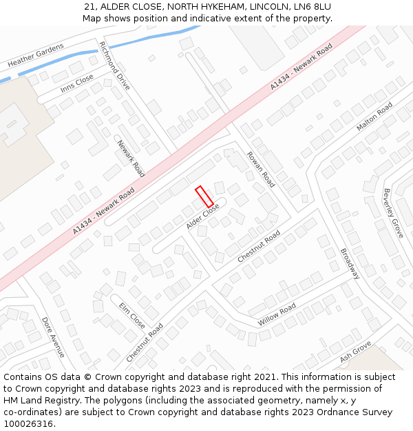 21, ALDER CLOSE, NORTH HYKEHAM, LINCOLN, LN6 8LU: Location map and indicative extent of plot