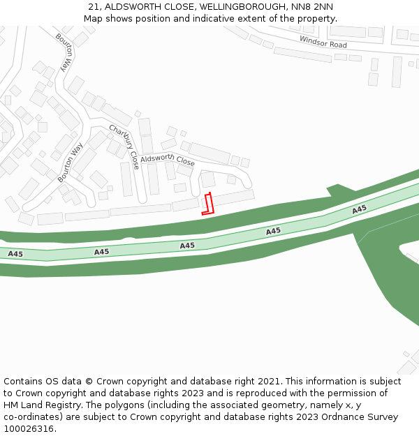 21, ALDSWORTH CLOSE, WELLINGBOROUGH, NN8 2NN: Location map and indicative extent of plot