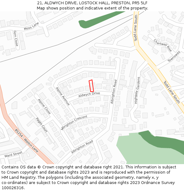 21, ALDWYCH DRIVE, LOSTOCK HALL, PRESTON, PR5 5LF: Location map and indicative extent of plot