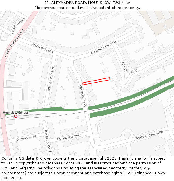 21, ALEXANDRA ROAD, HOUNSLOW, TW3 4HW: Location map and indicative extent of plot