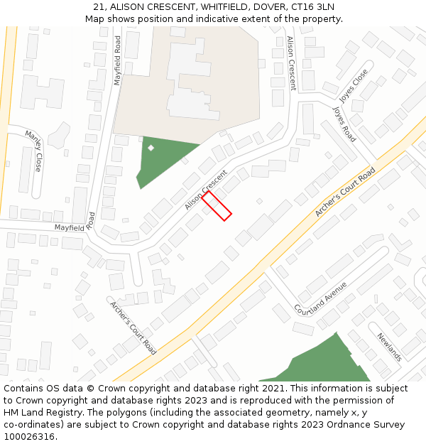 21, ALISON CRESCENT, WHITFIELD, DOVER, CT16 3LN: Location map and indicative extent of plot