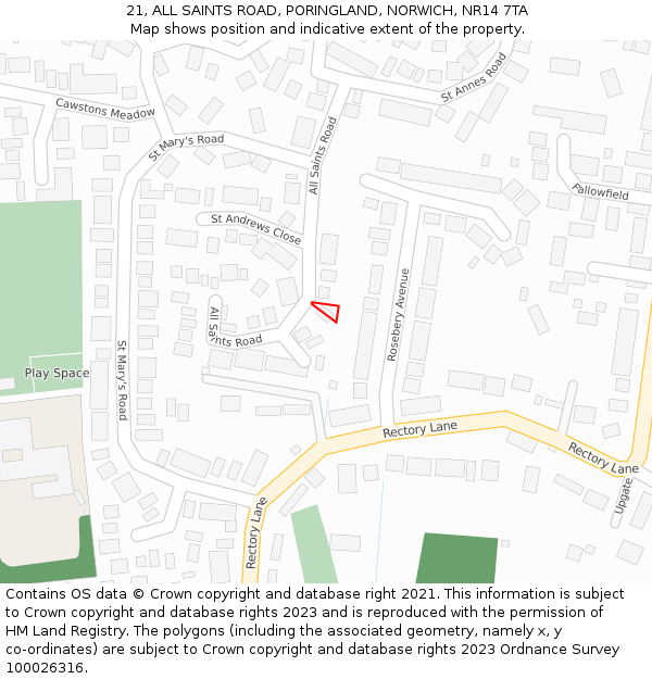 21, ALL SAINTS ROAD, PORINGLAND, NORWICH, NR14 7TA: Location map and indicative extent of plot