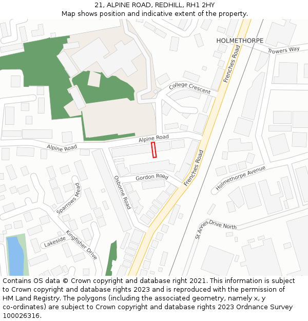 21, ALPINE ROAD, REDHILL, RH1 2HY: Location map and indicative extent of plot