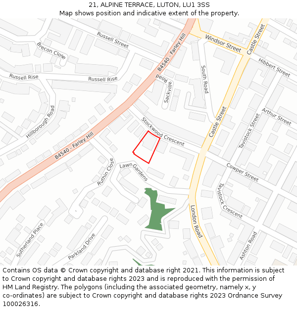 21, ALPINE TERRACE, LUTON, LU1 3SS: Location map and indicative extent of plot