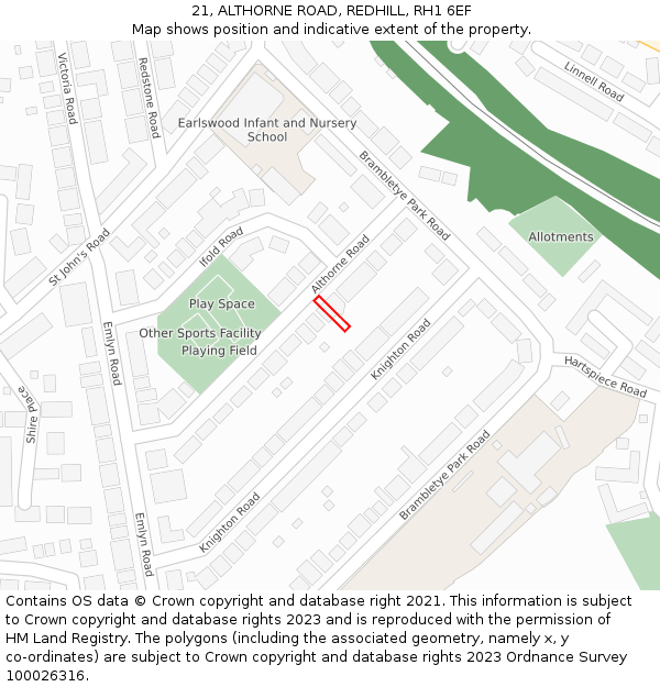 21, ALTHORNE ROAD, REDHILL, RH1 6EF: Location map and indicative extent of plot