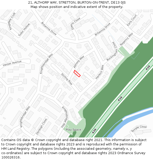 21, ALTHORP WAY, STRETTON, BURTON-ON-TRENT, DE13 0JS: Location map and indicative extent of plot
