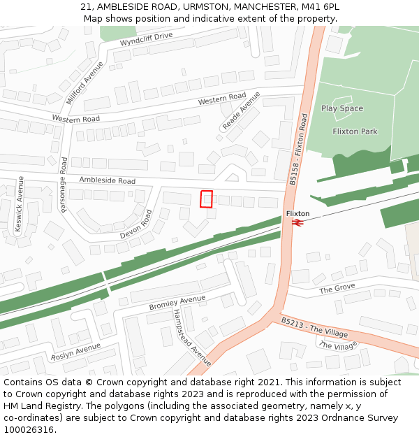 21, AMBLESIDE ROAD, URMSTON, MANCHESTER, M41 6PL: Location map and indicative extent of plot