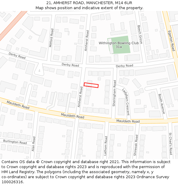 21, AMHERST ROAD, MANCHESTER, M14 6UR: Location map and indicative extent of plot