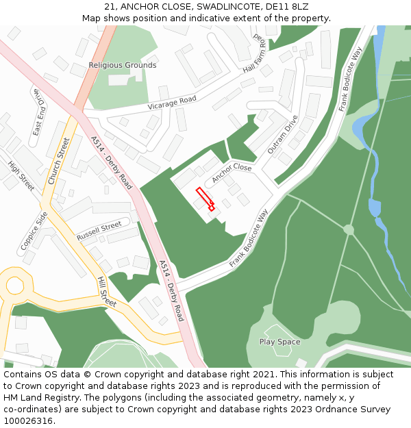21, ANCHOR CLOSE, SWADLINCOTE, DE11 8LZ: Location map and indicative extent of plot