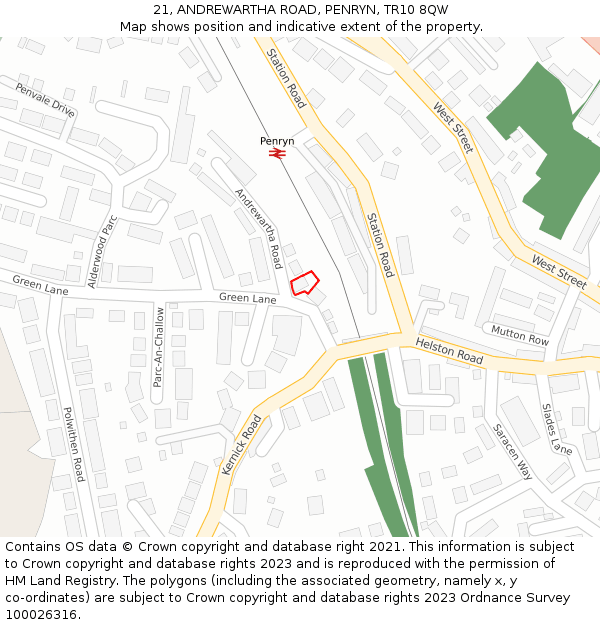 21, ANDREWARTHA ROAD, PENRYN, TR10 8QW: Location map and indicative extent of plot