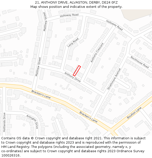21, ANTHONY DRIVE, ALVASTON, DERBY, DE24 0FZ: Location map and indicative extent of plot