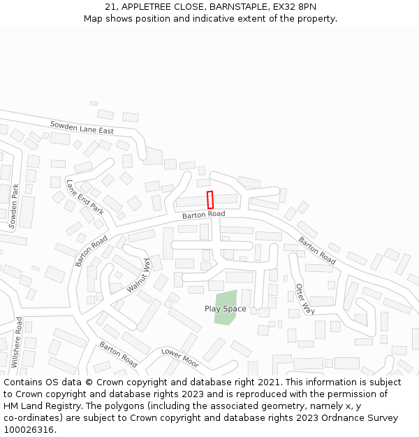 21, APPLETREE CLOSE, BARNSTAPLE, EX32 8PN: Location map and indicative extent of plot
