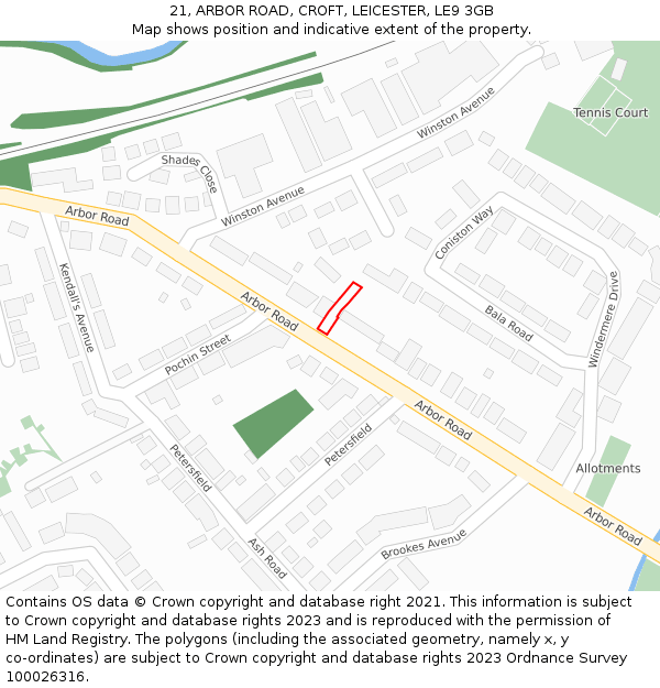 21, ARBOR ROAD, CROFT, LEICESTER, LE9 3GB: Location map and indicative extent of plot