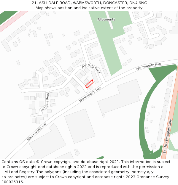 21, ASH DALE ROAD, WARMSWORTH, DONCASTER, DN4 9NG: Location map and indicative extent of plot