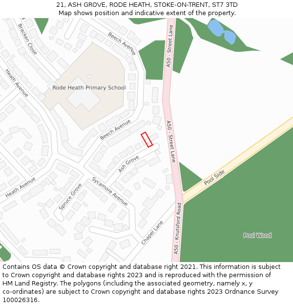 21, ASH GROVE, RODE HEATH, STOKE-ON-TRENT, ST7 3TD: Location map and indicative extent of plot