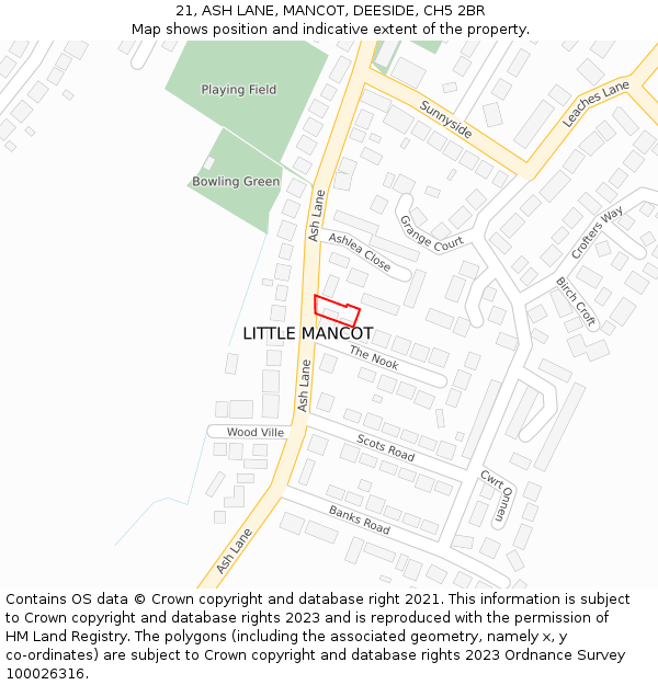 21, ASH LANE, MANCOT, DEESIDE, CH5 2BR: Location map and indicative extent of plot