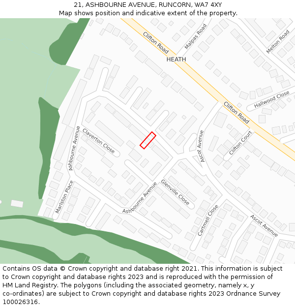 21, ASHBOURNE AVENUE, RUNCORN, WA7 4XY: Location map and indicative extent of plot