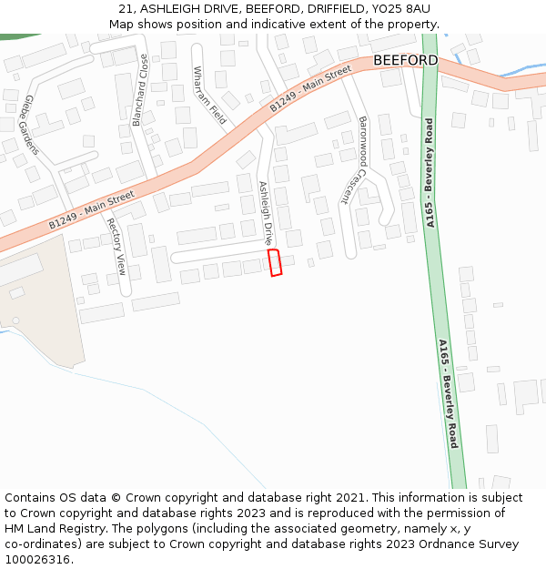 21, ASHLEIGH DRIVE, BEEFORD, DRIFFIELD, YO25 8AU: Location map and indicative extent of plot