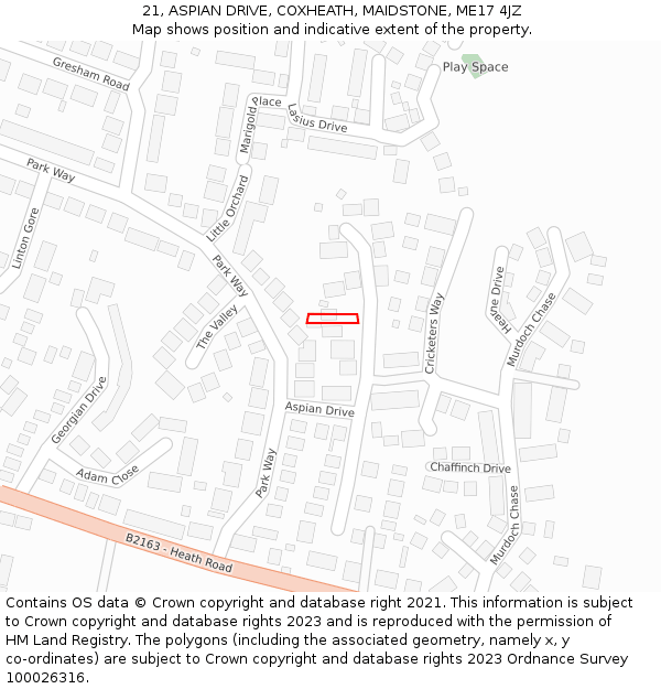 21, ASPIAN DRIVE, COXHEATH, MAIDSTONE, ME17 4JZ: Location map and indicative extent of plot