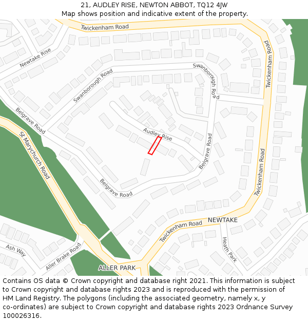21, AUDLEY RISE, NEWTON ABBOT, TQ12 4JW: Location map and indicative extent of plot