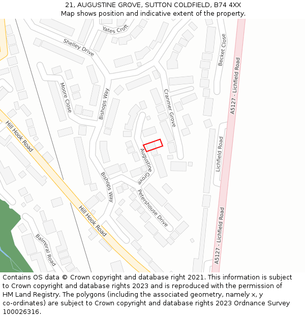 21, AUGUSTINE GROVE, SUTTON COLDFIELD, B74 4XX: Location map and indicative extent of plot