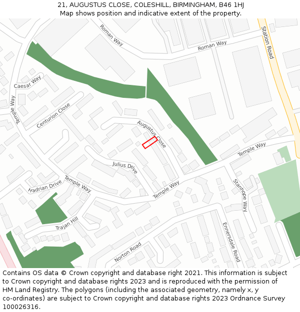 21, AUGUSTUS CLOSE, COLESHILL, BIRMINGHAM, B46 1HJ: Location map and indicative extent of plot