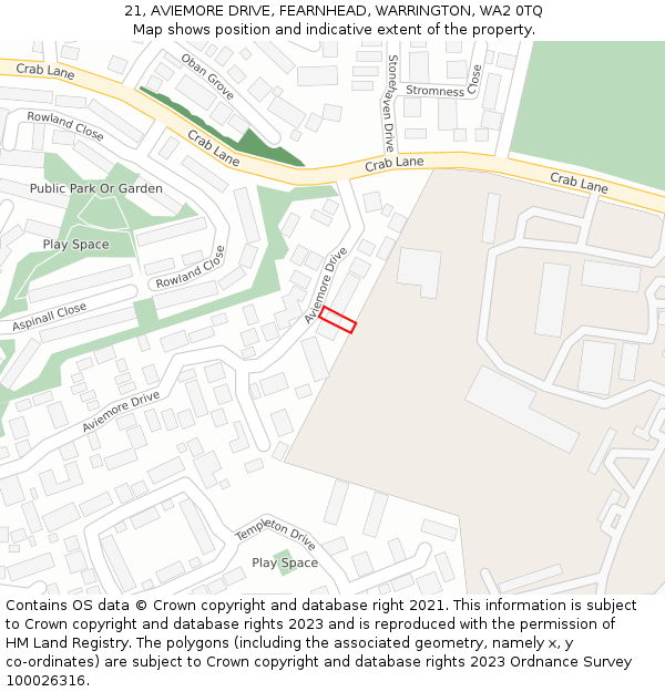 21, AVIEMORE DRIVE, FEARNHEAD, WARRINGTON, WA2 0TQ: Location map and indicative extent of plot