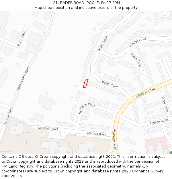 21, BADER ROAD, POOLE, BH17 8PN: Location map and indicative extent of plot