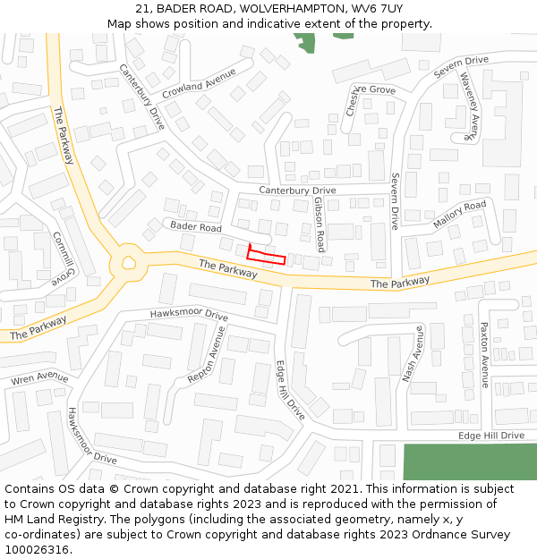 21, BADER ROAD, WOLVERHAMPTON, WV6 7UY: Location map and indicative extent of plot