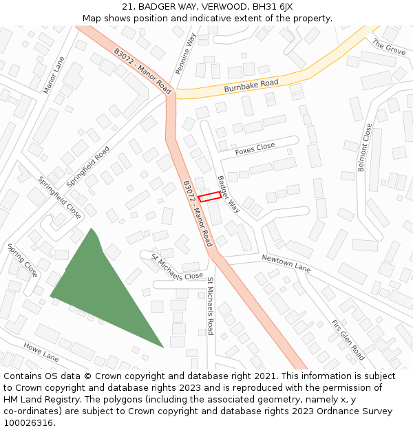 21, BADGER WAY, VERWOOD, BH31 6JX: Location map and indicative extent of plot